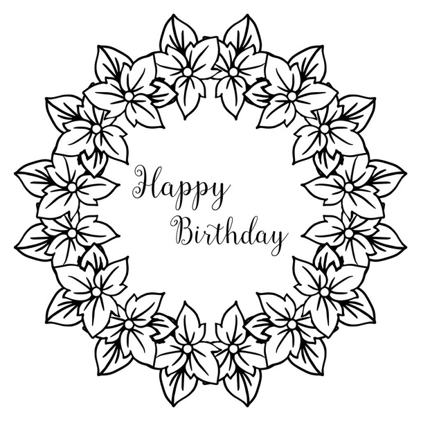 Greeting card happy birthday, with pattern flower frame, seamless branches leaves. Vector - Vector, Image