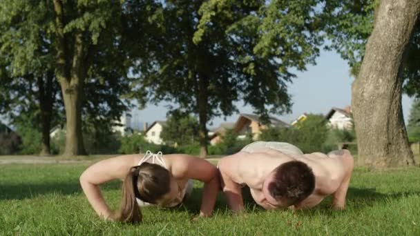 SLOW MOTION, PORTRAIT : Petit ami athlétique joyeux et petite amie faisant des pompes dans le parc ensoleillé. Souriant homme torse nu et fille brune exercice ensemble et faire des pompes sur une journée d'été parfaite
. - Séquence, vidéo