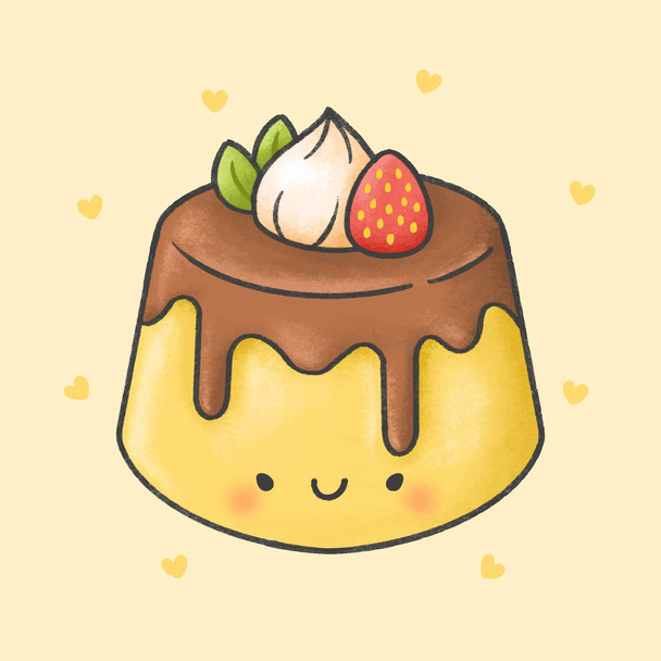 Cute pudding with strawberry whip cream dessert cartoon hand dra - Vector, Image