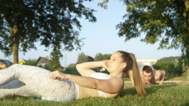 Pomalý pohyb, portrét: usmívající se dvojice se baví pracovat společně v prosluněném parku. Veselá mladá žena si sedí, zatímco přítel v širém stavu během léta v zelené přírodě strmá.. - Záběry, video