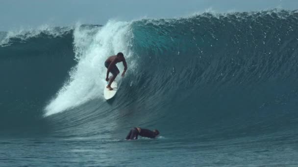 Slow Motion, Close Up: Surfer duikt in de smaragdgroene oceaan terwijl zijn vriend op de grote vloedgolf rijdt. Twee sporters op vakantie die zich vermaken met surfen in het epische Tahiti, Frans Polynesië. - Video