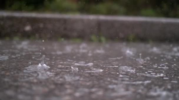 SLOW MOTION CLOSE UP: Herfst regenwater druppels vallen in grote plas op asfalt, overstromingen de straat. Wegenoverstromingen als gevolg van de zware regenval in het natte seizoen. Regendruppels vallen neer op een ondergelopen weg - Video