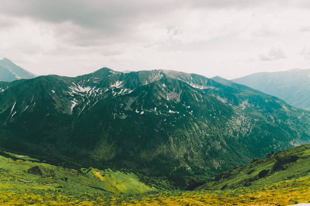Piękna panorama zielonych gór z śniegiem z Kars na Kasprowy Wierch w lecie. - Zdjęcie, obraz