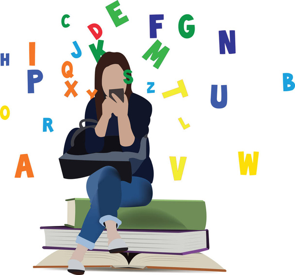 girl sitting on books chatting with mobile phone - Vector, Image