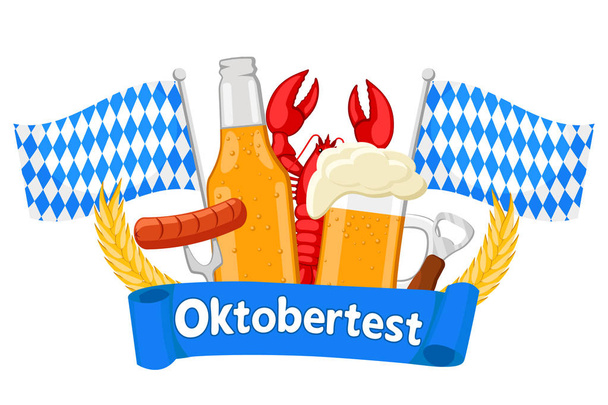 Cerveza en botella y vaso, salchicha y langosta roja con cinta azul y banderas en blanco. Oktoberfest
 - Vector, Imagen
