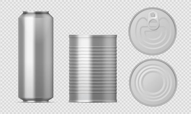 Metalen blikje. Realistische voedselpakketten lege cilinder sjablonen, aluminium behouden dozen met verschillende uitzichten. Vector geïsoleerde set - Vector, afbeelding