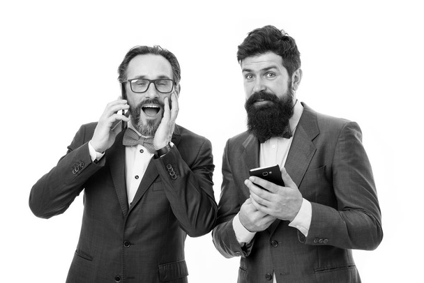 Always in touch. business communication on meeting. team success. collaboration and teamwork. mature men. Agile business. bearded businessmen in formal suit. partnership of men speaking on phone - Valokuva, kuva