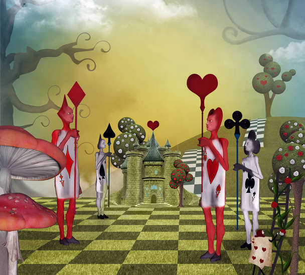 Landscape inspired by Alice in Wonderland with the card guards of the Queen of Hearts - Photo, Image