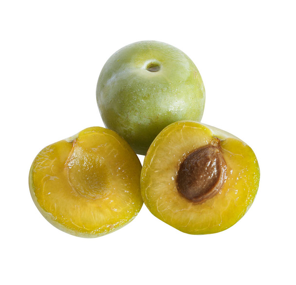 reine claude prunes, deux demi et un entier, isolée
 - Photo, image