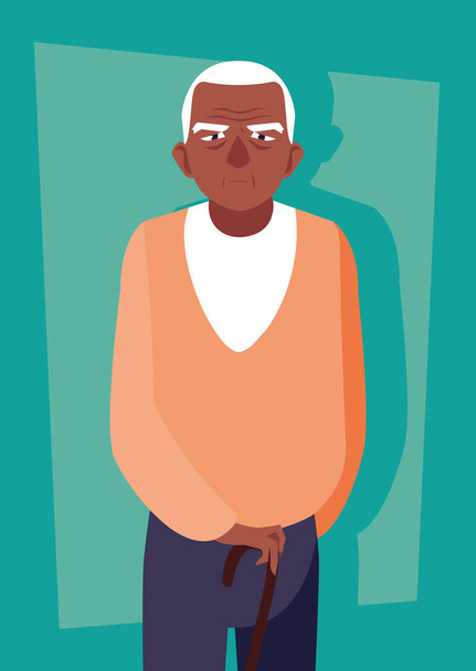 oude man Afro met Cane avatar karakter - Vector, afbeelding