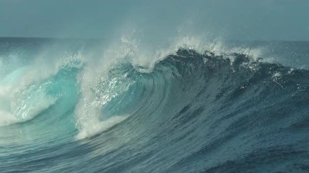 Slow Motion, Close Up: Raging barrel wave schittert in de felle zomerzon in het prachtige Tahiti. Spectaculaire glasachtige golf komt uit de Stille Oceaan breekt naar de kust van Frans-Polynesië - Video
