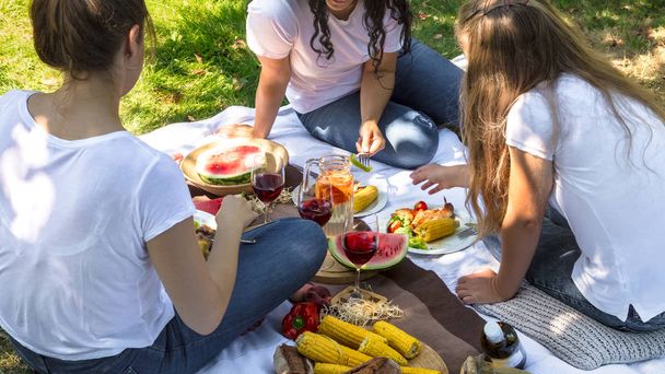 食べ物や飲み物と自然の中で友人と夏のピクニック. - 写真・画像