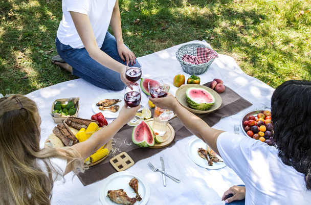 食べ物や飲み物と自然の中で友人と夏のピクニック. - 写真・画像