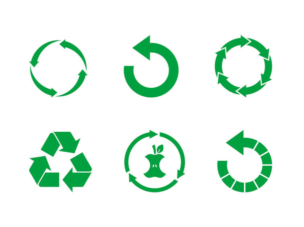 Groene Recycle teken ingesteld op witte achtergrond. Hergebruik, vernieuwing, compost voedselverspilling, concept. Recycle symbool vectorset. Collectie van 6 verschillende recycling iconen. Vector illustratie, platte stijl, clip art.   - Vector, afbeelding
