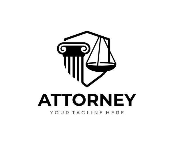 弁護士事務所のロゴデザイン。柱、正義とシールドベクトルデザインのスケール。法と正義のロゴタイプ - ベクター画像