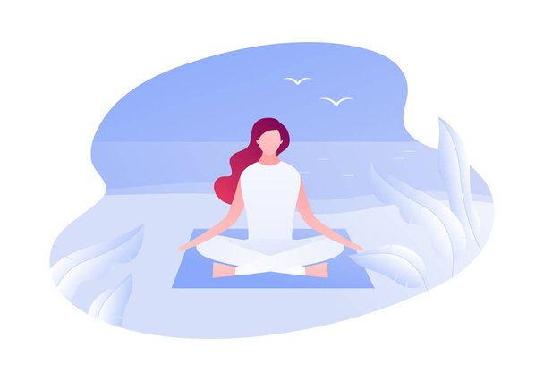 Vector modern lakás kültéri meditáció karakter illusztráció. Fiatal nő meditálni ül jóga Lotus a strandon háttérben. Koncepció a kikapcsolódás a természetben. Design elem banner, plakát, web. - Vektor, kép