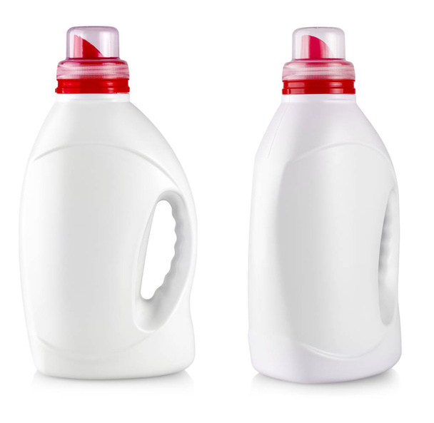 Biała plastikowa butelka z uchwytem na białym - Zdjęcie, obraz
