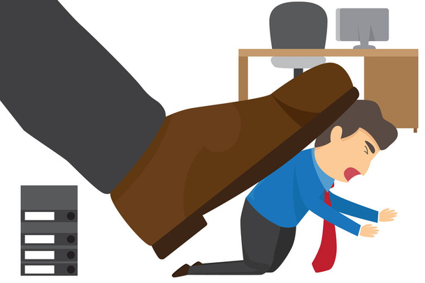 Угнетенный боссом с бизнесменом под большой обувью в офисе
 - Вектор,изображение