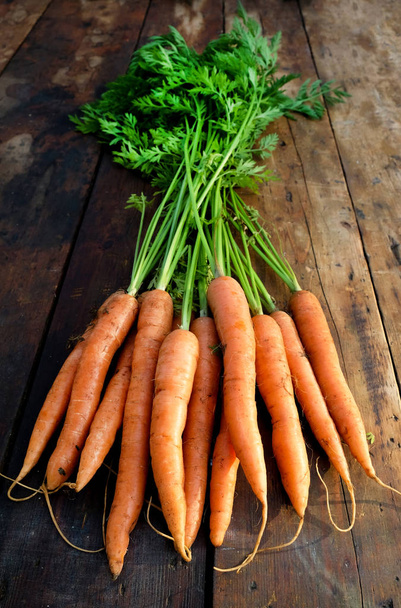 свіжо підібрана органічна морква на сільській дерев'яній стільниці, домашня, рослинна основа, вид зверху, вертикальний формат
 - Фото, зображення