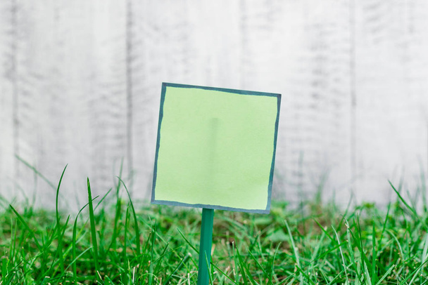 Carton de papier uni attaché à un bâton et branché dans la terre herbeuse. Feuille verte vide est placé dans le sol avec de l'herbe verte. Idée de photographie avec petit objet
 - Photo, image