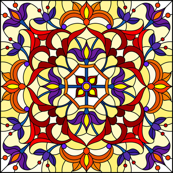 ステンド グラス スタイル、花の装飾や渦巻きで正方形のミラー イメージ、黄色の背景に赤と紫のパターン図 - ベクター画像