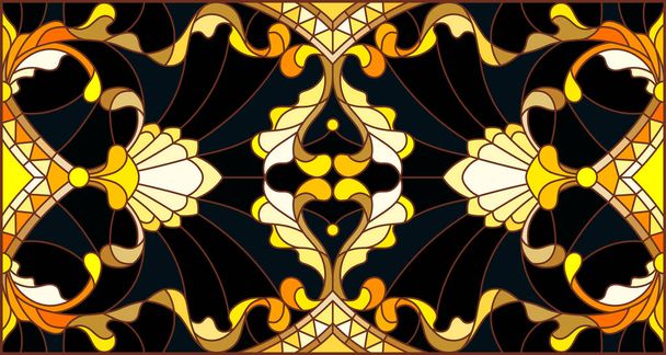 Çiçek süsleme stiliyle vitray, imitasyon altın swirls ve bitkisel motifler ile koyu arka plan üzerinde resimde - Vektör, Görsel