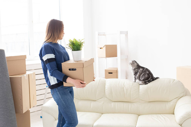 Viehättävä nuori yksinäinen nainen pitää laatikkoa asioita liikkuessaan seisoessaan uudessa asunnossa vieressä hänen harmaa silmukka-korvainen skottilainen kissa. Liikkumisen ja tupaantuliaisten käsite
. - Valokuva, kuva