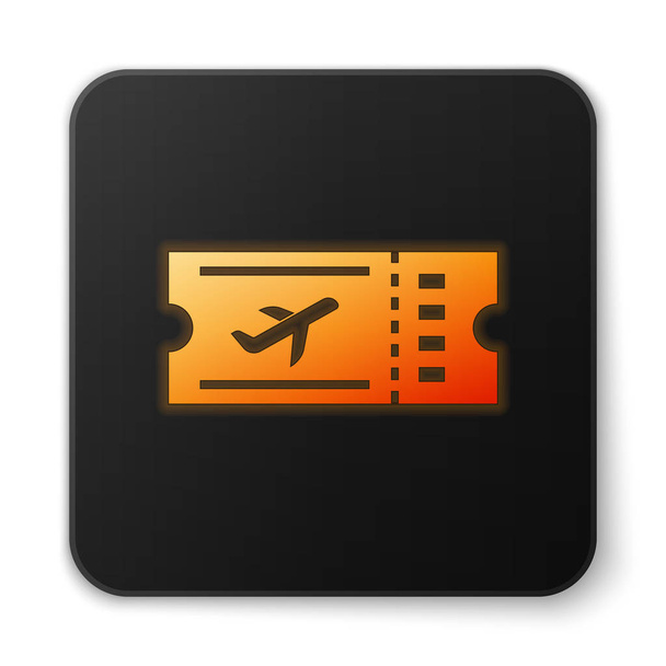 Pomarańczowa świecąca ikona biletu lotniczego Neon na białym tle. Bilet samolotu. Czarny kwadrat przycisk. Ilustracja wektorowa - Wektor, obraz