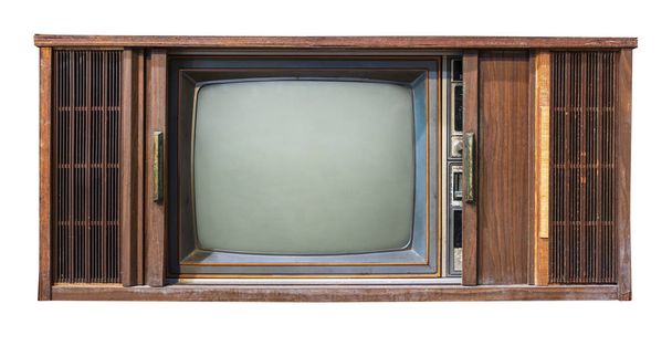 Vintage TV-antika ahşap kutu televizyon nesne için kırpma yolu ile beyaz izole. Retro teknoloji - Fotoğraf, Görsel