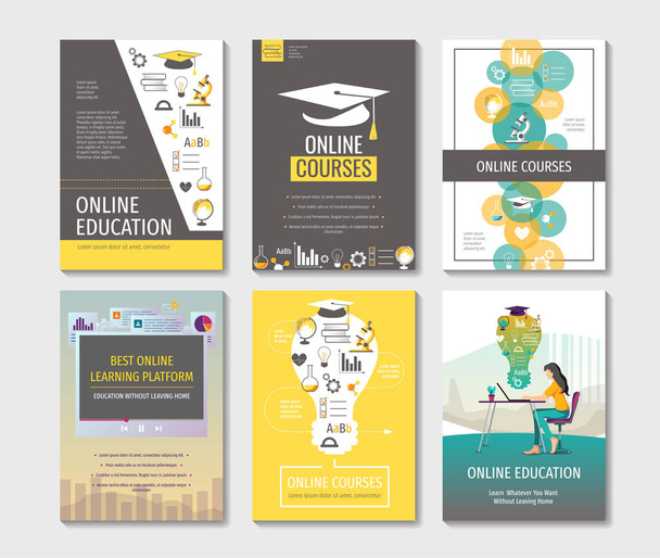 Set of flyers, posters, banners, brochure design templates. Distance education, online courses, e-learning, webinar concept. - Vector, Image