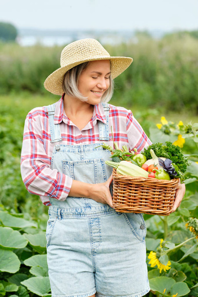 Woman Holding a Basket full of Harvest Organic Vegetables and Root on Organic Bio Farm. Autumn Vegetable Harvest - Foto, Imagen