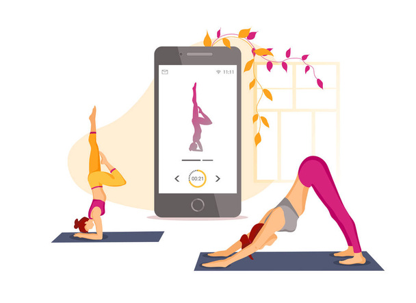 Diseño de póster para aplicaciones móviles, Yoga, estilo de vida saludable. Smartphone con aplicación de yoga en la pantalla y mujeres realizando poses de yoga. Ilustración vectorial para póster, tarjeta, presentación, banner
. - Vector, imagen