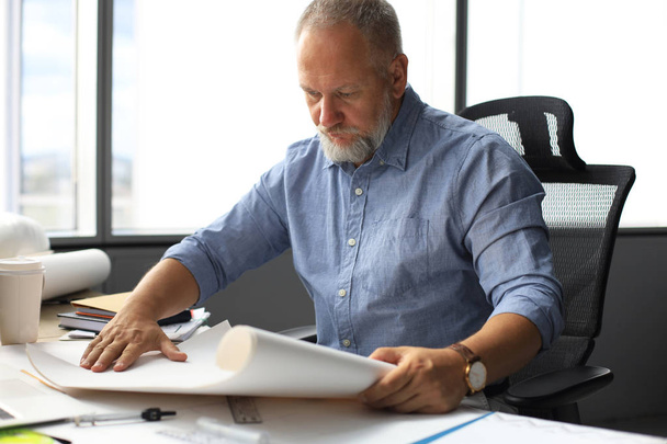 Handsome mature business man using blueprint while working in the modern working space. - Fotoğraf, Görsel