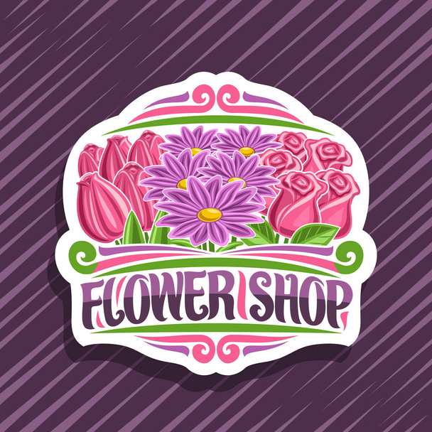 Logotipo vectorial para Flower Shop, etiqueta decorativa de papel cortado con ilustración de tulipanes rojos de primavera, crisantemos púrpura y rosas rosadas con hojas verdes, tipo de pincel original para palabras floristería
. - Vector, imagen