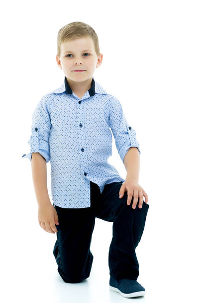 Portrait of young boy sitting isolated on white background - 写真・画像