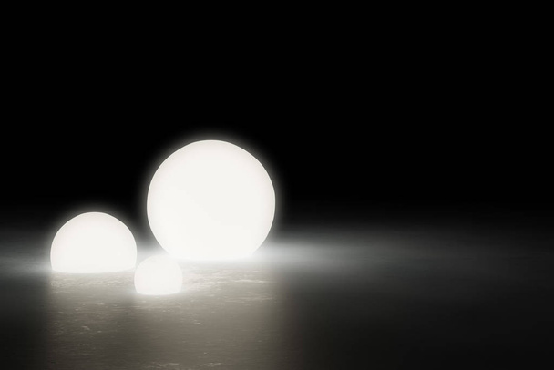 Three warm glowing sphere light objects on shiny modern industri - Фото, зображення