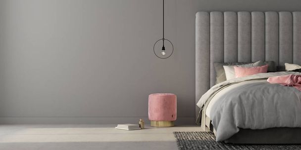Dormitorio con cama grande gris y puf rosa. 3d renderizar
 - Foto, imagen