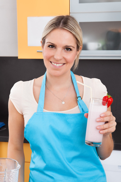 Woman With Strawberry Milkshake - Фото, изображение