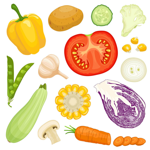 Set of various ripe vegetables. Whole sliced and halved vegetables. Vector. - Vettoriali, immagini
