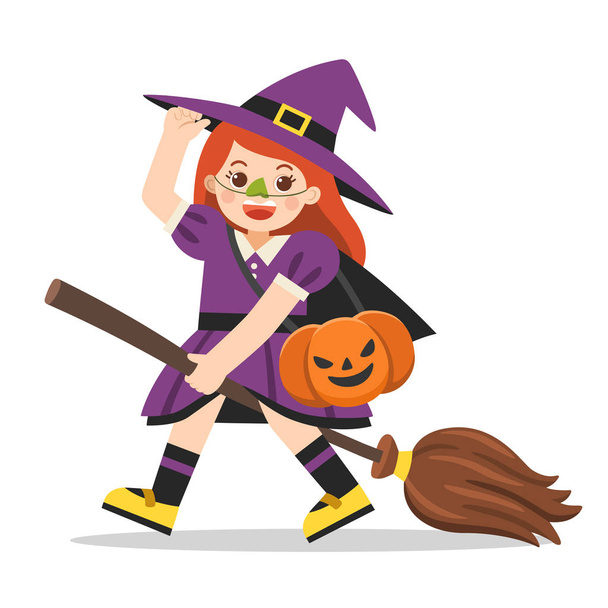 Little girl in Witch costume with pumpkin basket for Trick or Treat. - Vector, Image