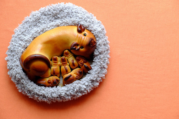 pastel de luna con forma de madre cerdo y lechones sobre fondo naranja
 - Foto, imagen