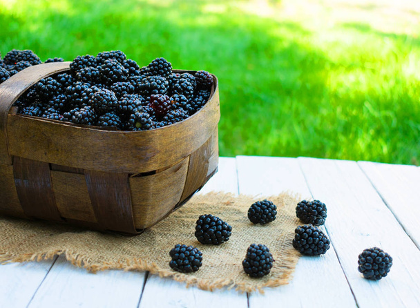 Basket of freshly picked blackberries on a wooden white table against a background of green grass. - Photo, Image