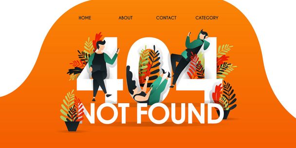 erkekler, kadınlar ve "404 Bulunamadı" kelimelerinin üzerinde tembellik yapan insanlar. Sayfa 404 tasarım tamplate bulunamadı. karakter ve düz tasarım için kullanabilirsiniz, açılış sayfası, şablon, ui, web, mobil uygulama. pazarlama, promosyon, reklam - Vektör, Görsel