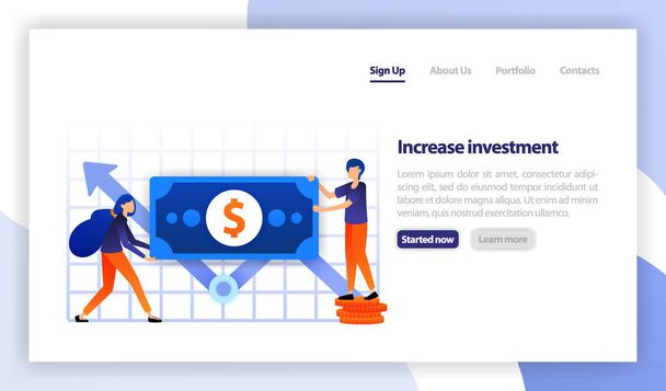 businessman hold dollars or money for investment. graph analysis of investment growth upward arrows on profit, finance and career. flat vector illustration for web, banner, landing page, mobile, marketing, promotion, advertising, poster, brochure - Vector, Image