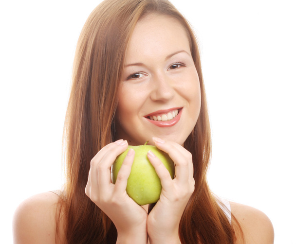 Happy smiling woman with apple, isolated on white - Foto, Imagen