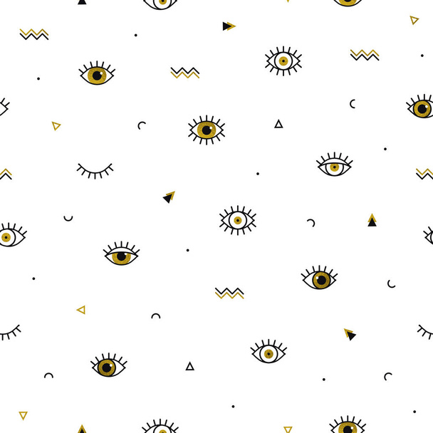 Memphis pattern with psychedelic golden eyes and geometric shapes. Fashion background in 90s 80s style. Gold linear design. Triangle, zigzag, open eyes and other graphic elements. Line art. - Vetor, Imagem