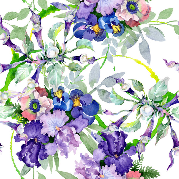 Bouquet floral botanical flowers. Watercolor background illustration set. Seamless background pattern. - Фото, изображение