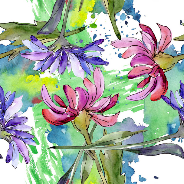 Aster floral botanical flowers. Watercolor background illustration set. Seamless background pattern. - Photo, Image