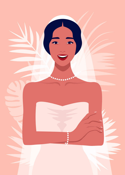 A happy bride is standing with arms crossed and laughing. The girl in a wedding dress and with a veil. Vector flat illustration - Vector, Image