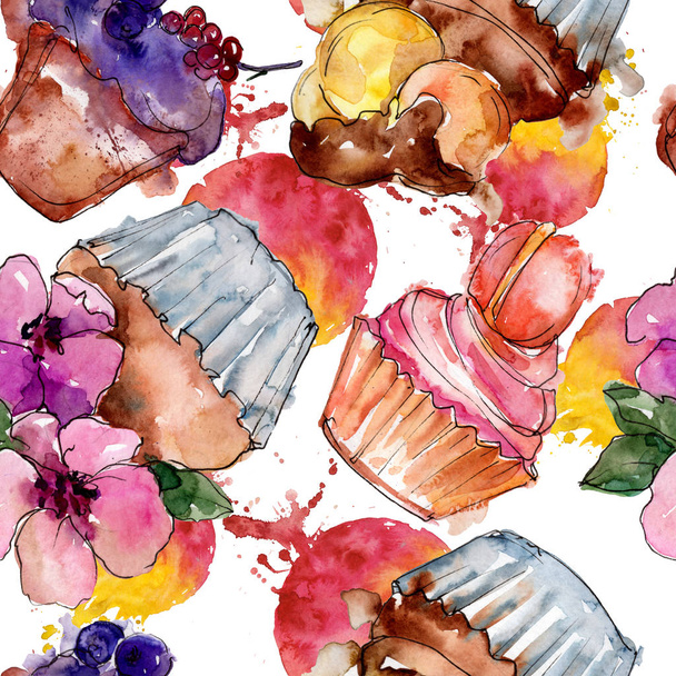 Tasty cake and bun in a watercolor style. Watercolour illustration set. Seamless background pattern. - Foto, Imagen